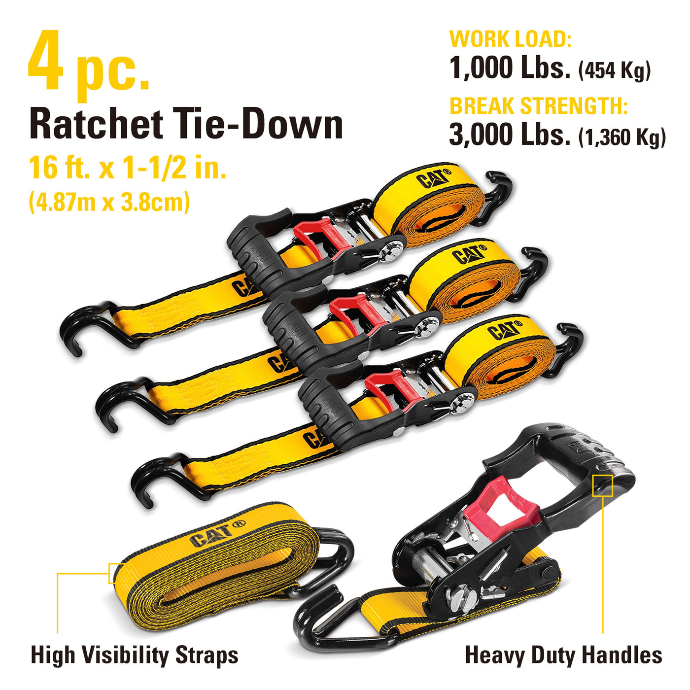 4 Piece Ratchet Tie Down Set with Soft Hooks - 16 Feet x 1-1/2 Inches (1000/3000)